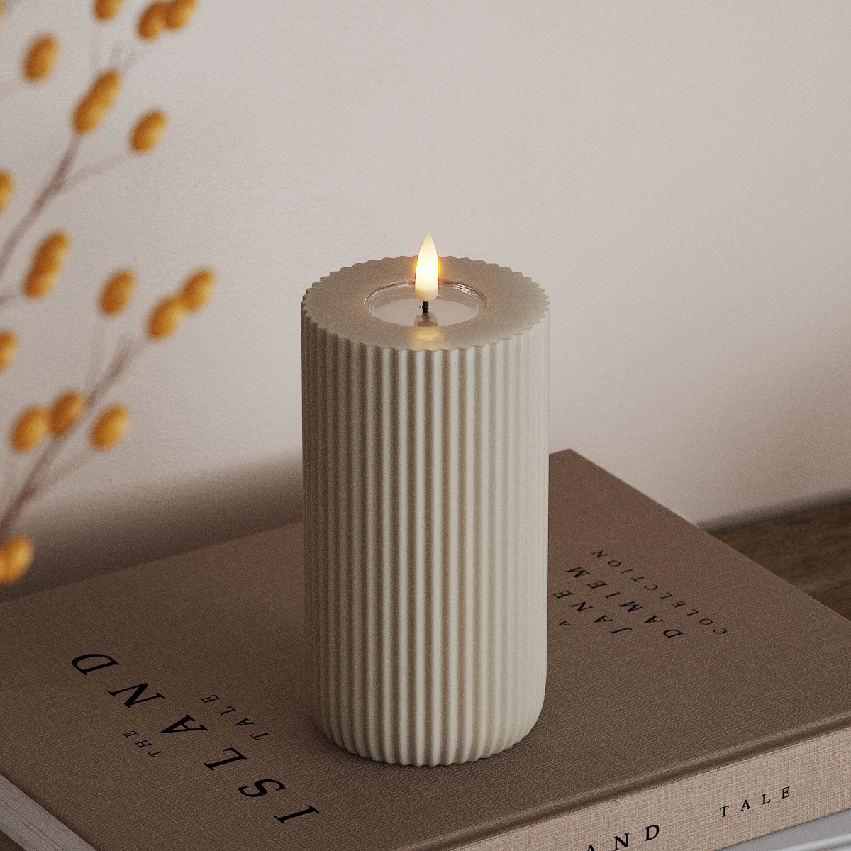 Deluxe Homeart Solid Stripe LED Pillar candle Ø 8 X 15 Cm Sand LED Shape 3