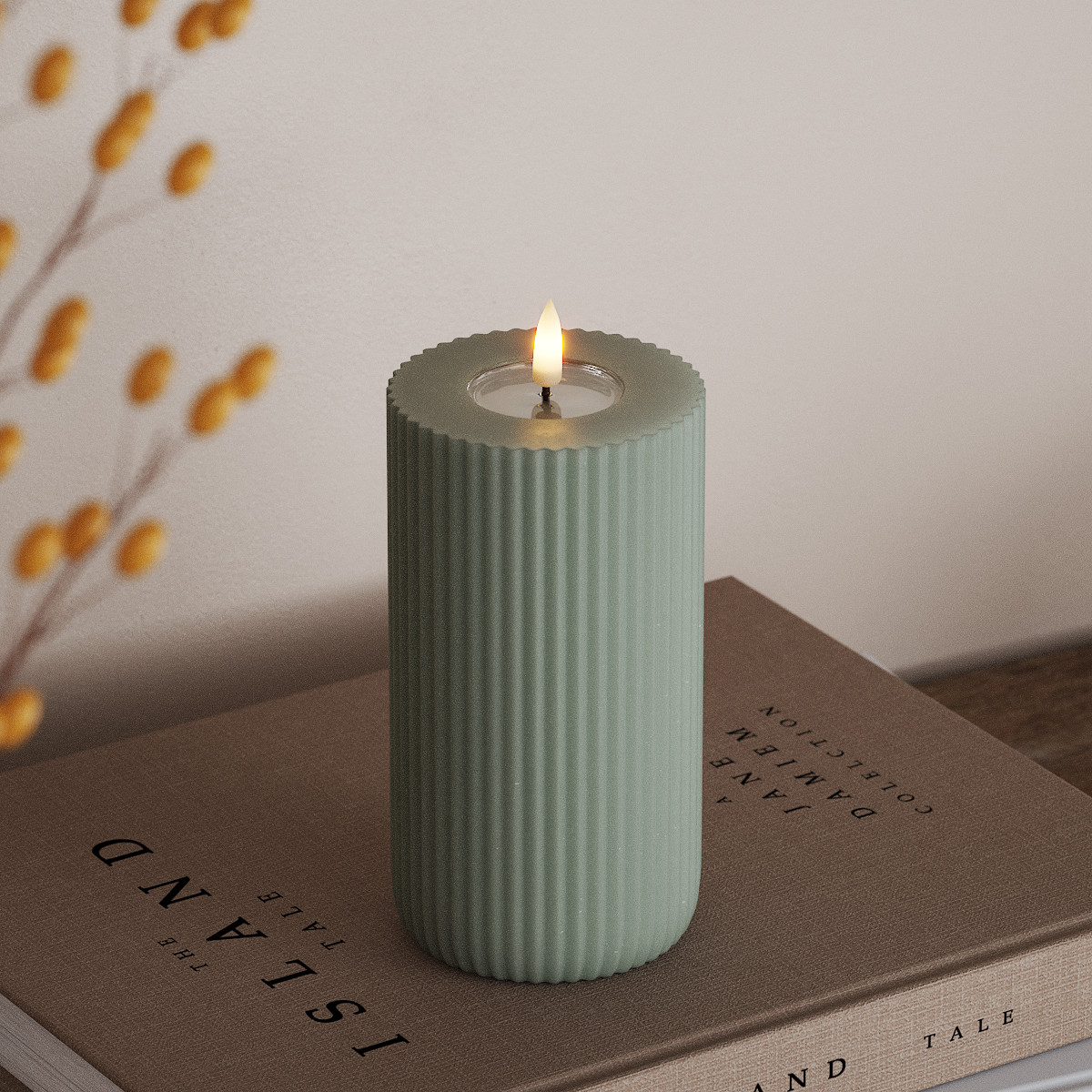 Deluxe Homeart Solid Stripe LED Pillar candle Ø 8 X 15 Cm Sage Green LED Shape 3