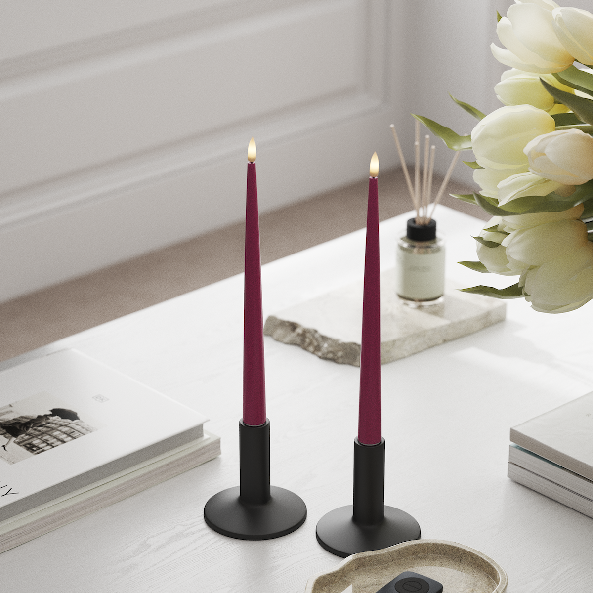 Deluxe Homeart LED Shiny Dinner candle with Lacquer, 2 pieces 28 cm Magenta LED Shiny Dinner candle 1