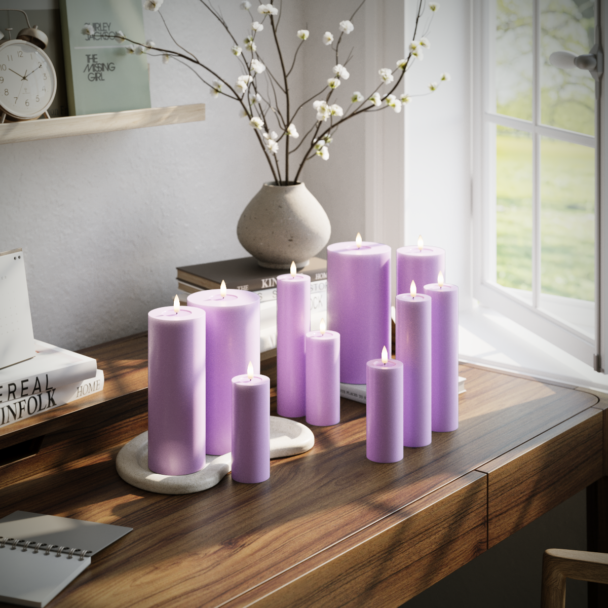 Deluxe Homeart LED Pillar candle package - Lavender - 3 x 5 x 20 | 3 x 5 x 12.5 | 2 x 7.5 x 20 | 2x 10 x 20 cm package 1